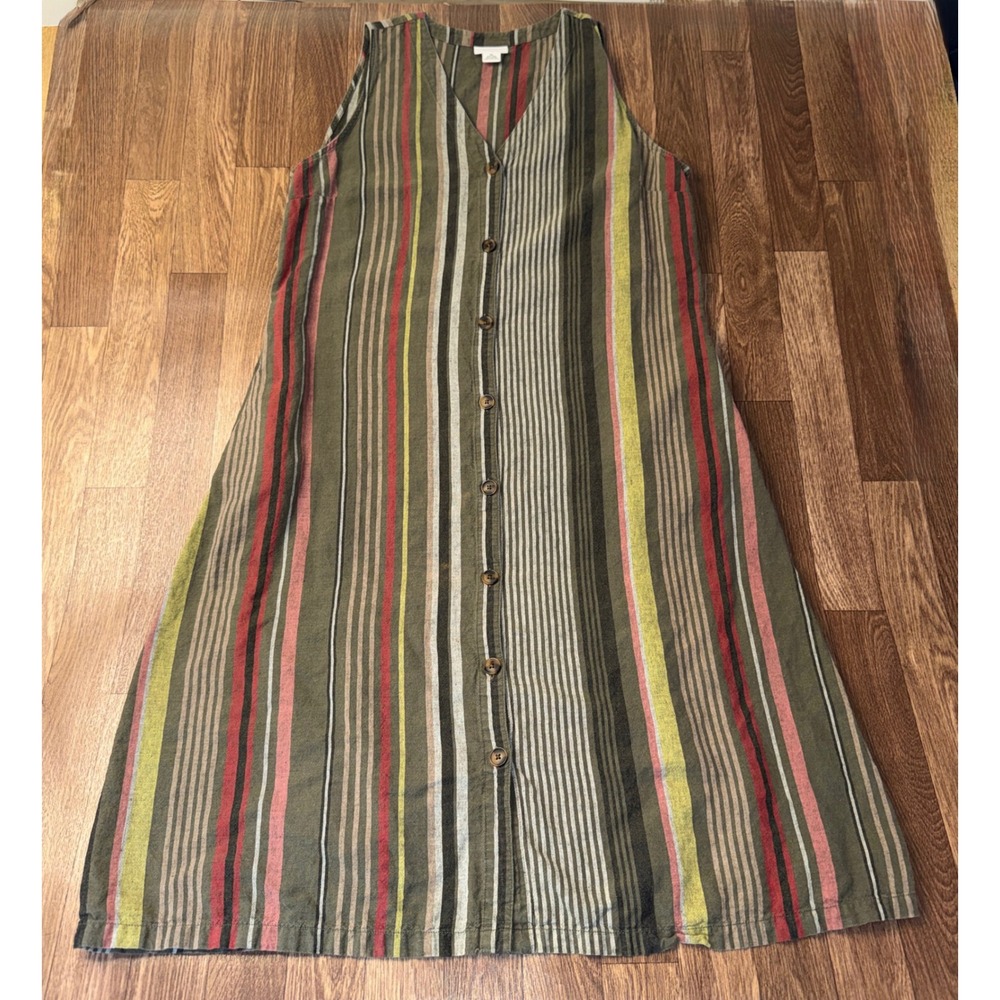 Liz Claiborne Linen Cotton Striped Button Front Midi Dress Olive Green XL